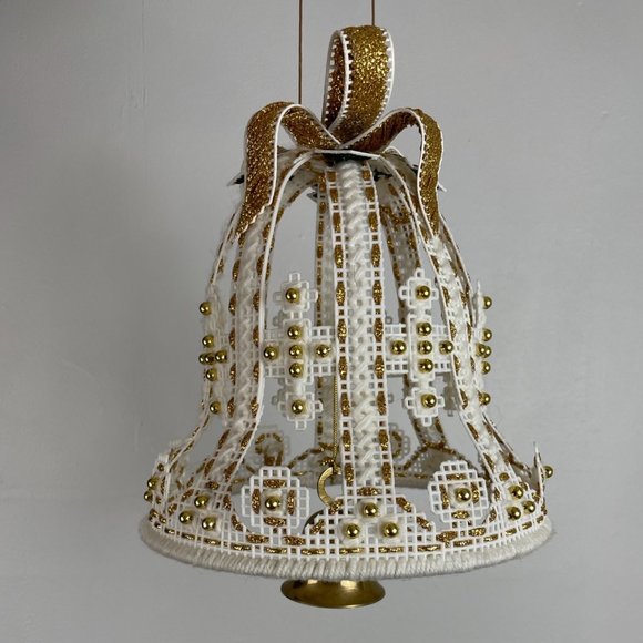 Vintage Needlepoint Christmas Bell White Gold Large Hanging Holiday Bell Decor - Picture 1 of 4